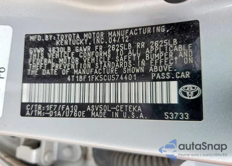 2012 Toyota Camry Base from USA, damaged, VIN 4T1BF1FK5CU574401